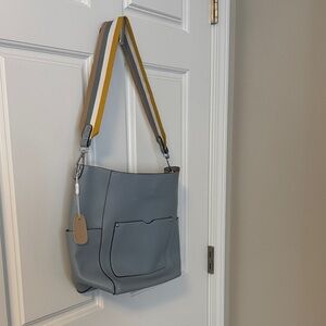 Elegant Gray Shoulder Bag with Striped Strap